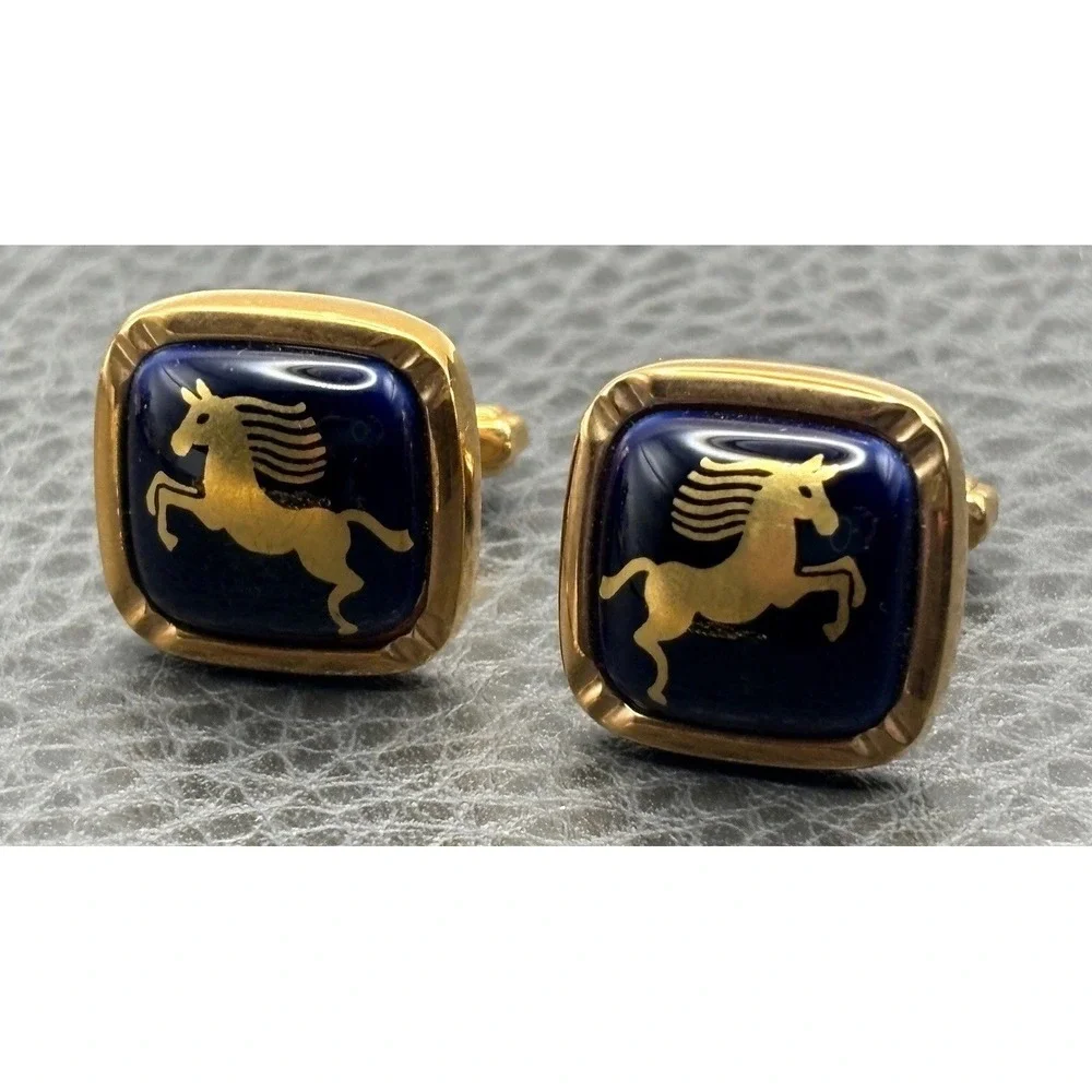 Vintage Made In Japan Gold Tone Cufflinks Navy Blue Enamel Equestrian Horse